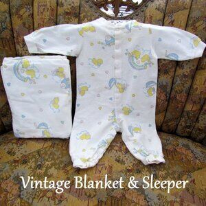 VINTAGE BABY BLANKET & ROMPER TO MATCH, M, COTTON FLANNEL w LONG SLEEVES, SNAPS